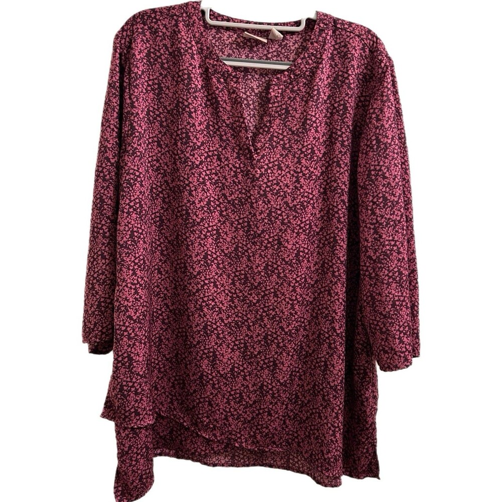 Chico’s Autumn Leaves Clarissa Blouse Deep Berry Purple Roll Tab Boho Sz 3 (XL)
